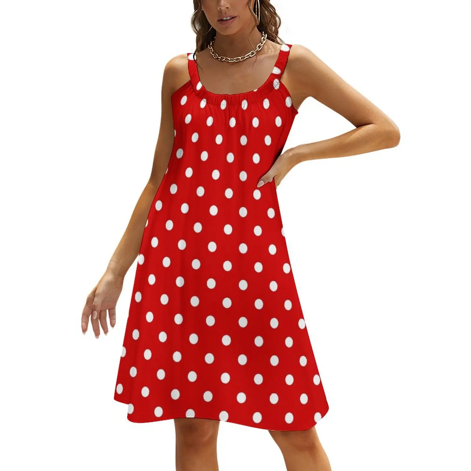 

Chic Medium White and Red Polka Dots Beach Sling Skirt Women's summer long dress dress loose summer dress