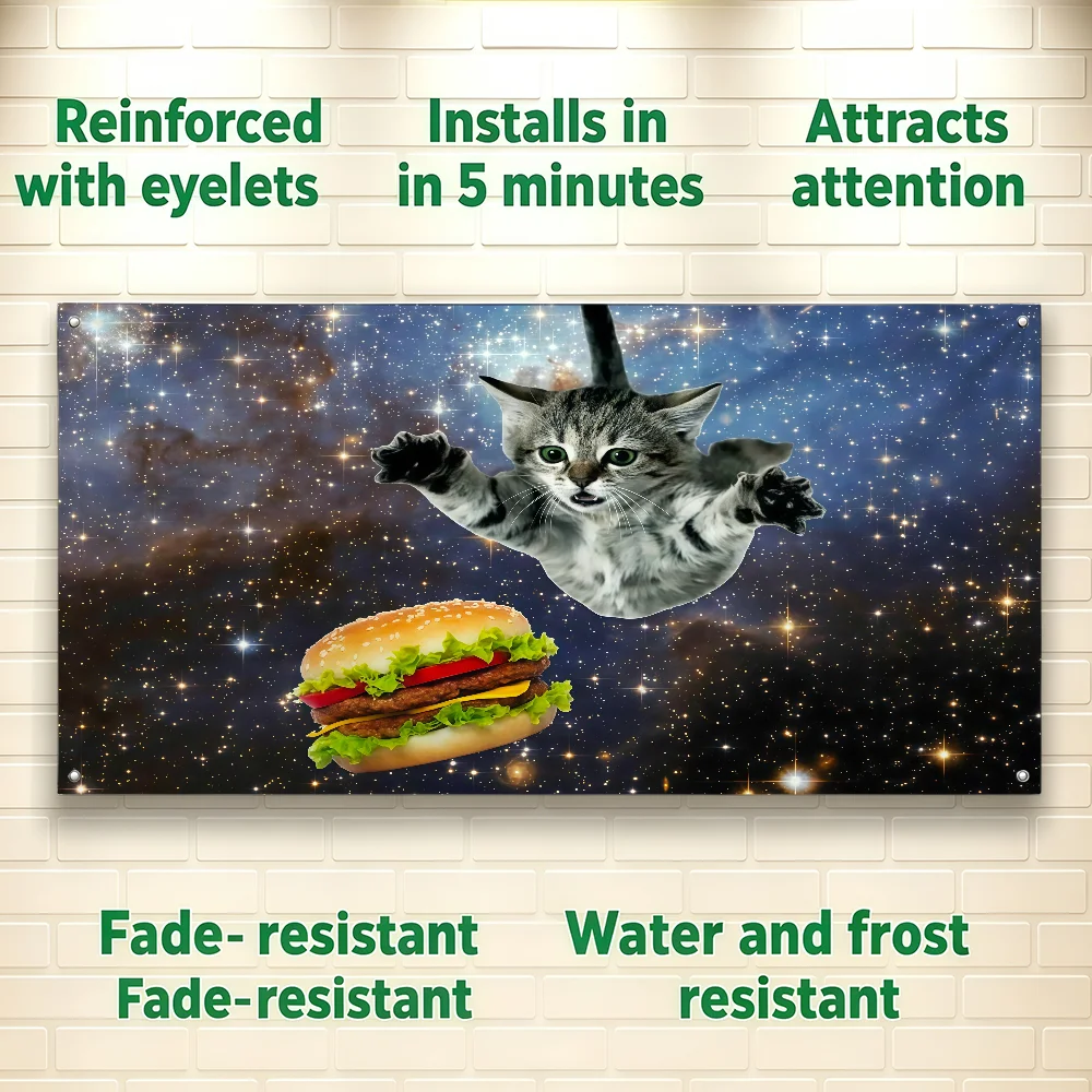 Cosmic Cat Chase Hamburger Meme flag For Room Dorm Camping Picnic Art Style Garage Bar wall Decoration Banner