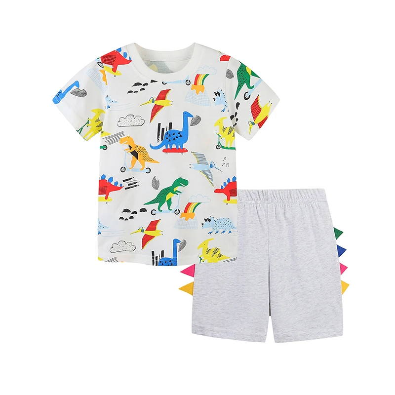 Zweiteiliges Sommer junge Kurzarm Set Cartoon Dinosaurier Print Top und Dinosaurier Cut Edge Shorts lässig zweiteilig Set 2-7y