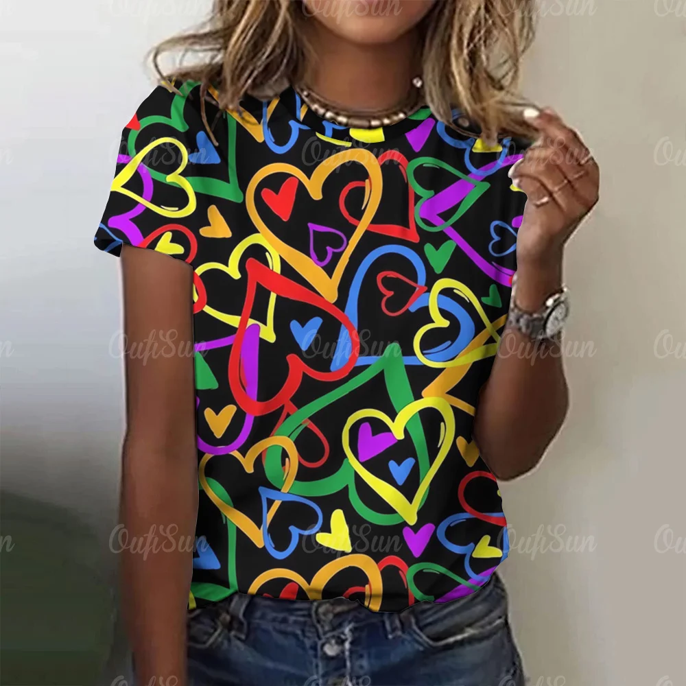 Women's T-Shirt O Neck Short Sleeve Pullover 3d Colorful Printed T Shirt For Women Love Graphical Female Clothing 2024 T-Shirts