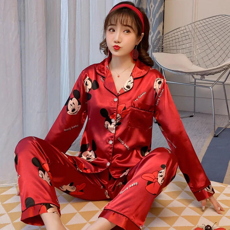 Disney pajamas new lapel two-piece set Mickey Mouse homewear silk pajamas women's casual Disney Mickey Mouse women's pajamas