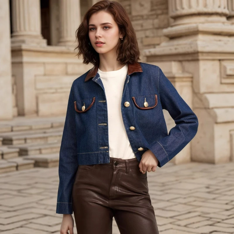 

European and American Fashionable and Exquisite Buttons Are Embellished with Leather Collars and Pocket Details To Show Jackets