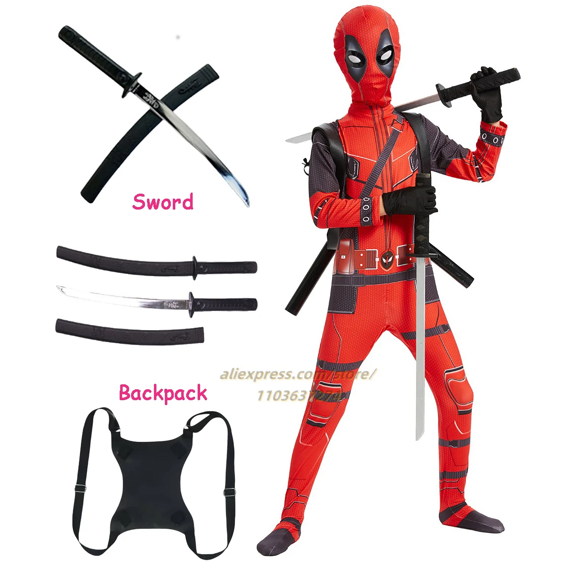 Kids Deadpool Bodysuit Superhero Cosplay Jumpsuit Suit Boys Fantasy Peter Parker Dress Up Mask Costume With Sword Accessories