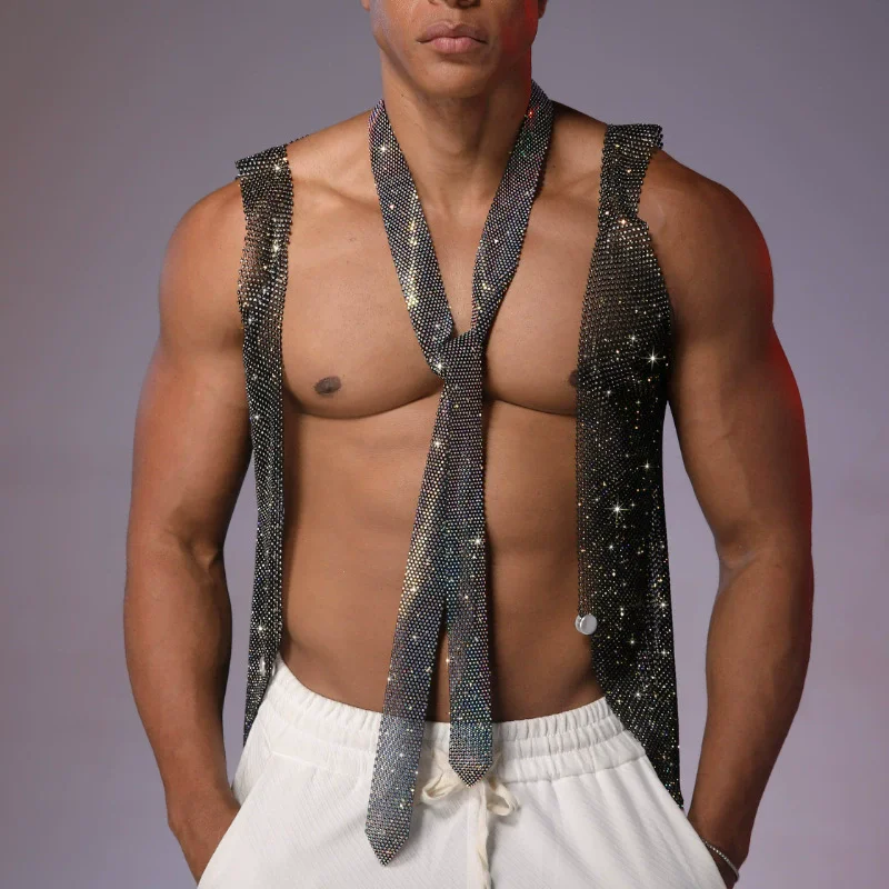 Strass-Krawatte für Herren Lange Silberne Kristall-Netzkrawatte Glitzernde Party-Nachtclub-Bühnen-Performance-Krawatte für Männer – Detail 1