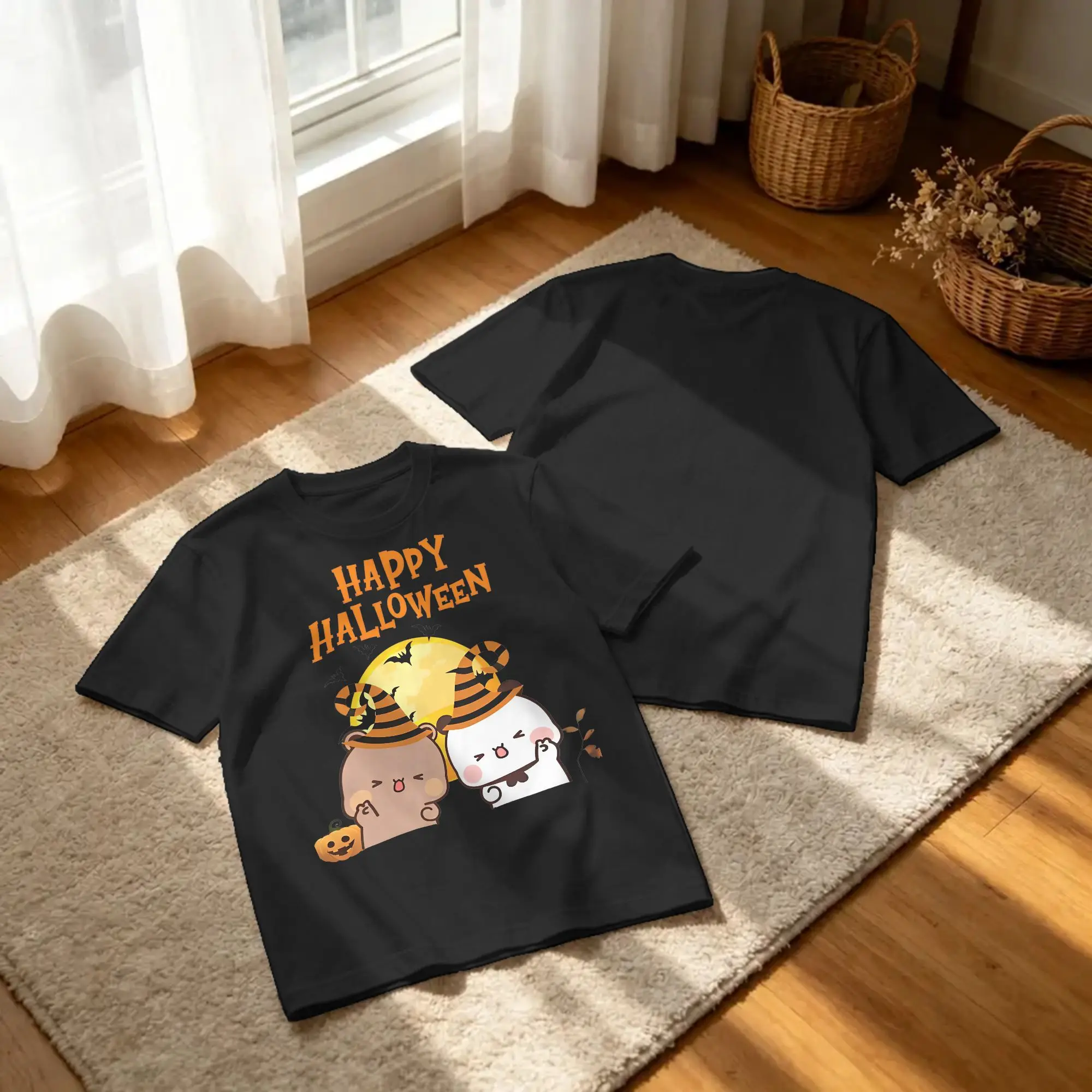 DuDu Bear and BuBu Panda Halloween T Shirts Men Women Pure Cotton Awesome T-Shirt Crewneck Kawaii Tee Shirt Short Sleeve Printed