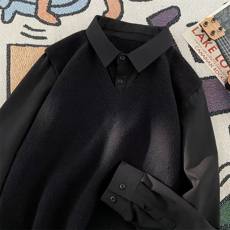 

Комплект вязаных свитеров свободного кроя для подростков и мужчин: осенне-зимняя одежда из полиэстера для многослойного ношения