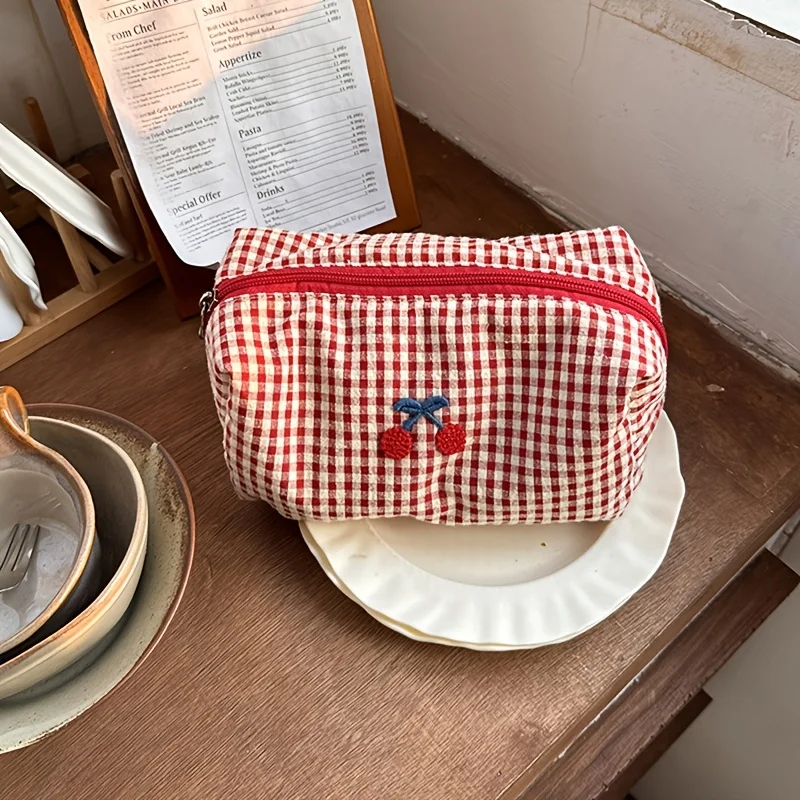 A Cherry Portable Travel Makeup Bag, Red Checkered Storage Bag, Large Capacity Makeup Bag
