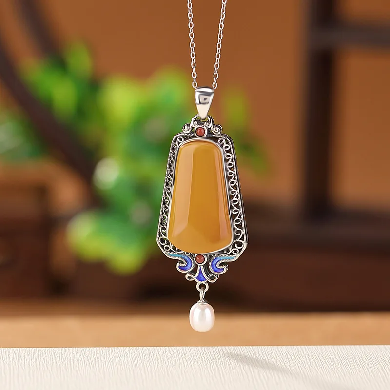 S925 Sterling Silver Red Agate Amber Pearl Cloisonné No Matter Pendant Style Landscape Painting Hanging Ornamen