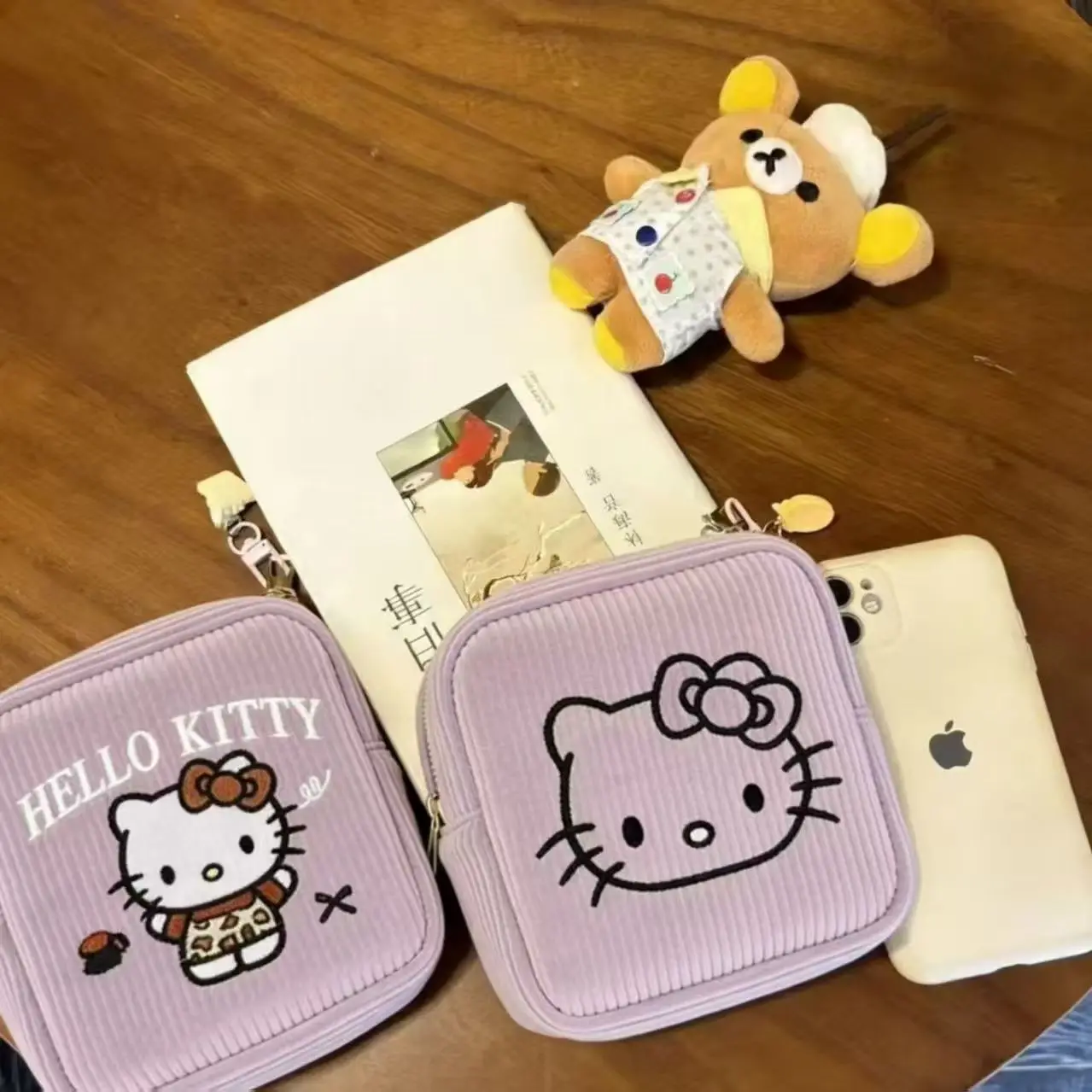 Hello Kitty Embroidered Corduroy Cosmetic Bag Cute Mini Sanitary Napkin Storage Pouch Portable Makeup Organizer Purse