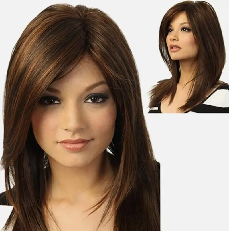 

Women Natural Hair Wigs Dark Brown Long Straight Partial Bangs Ladies Wigs