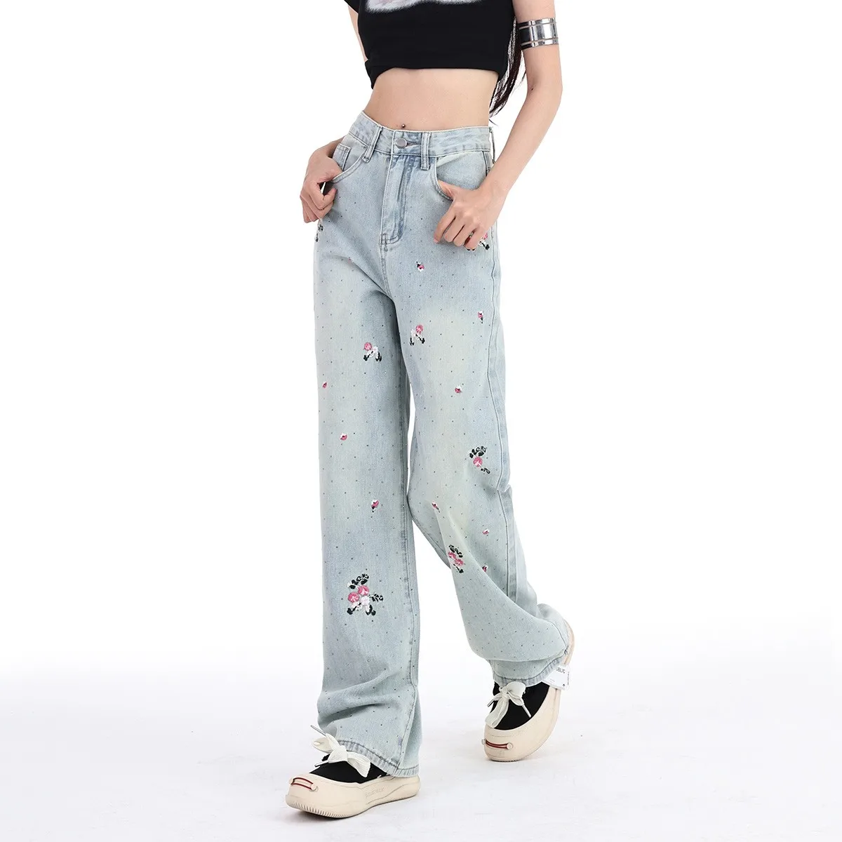 ZHISILAO Vintage Floral Print Jeans Women Blue Wide Leg Straight Full Length Denim Pants Korean Fashion Spring 2024