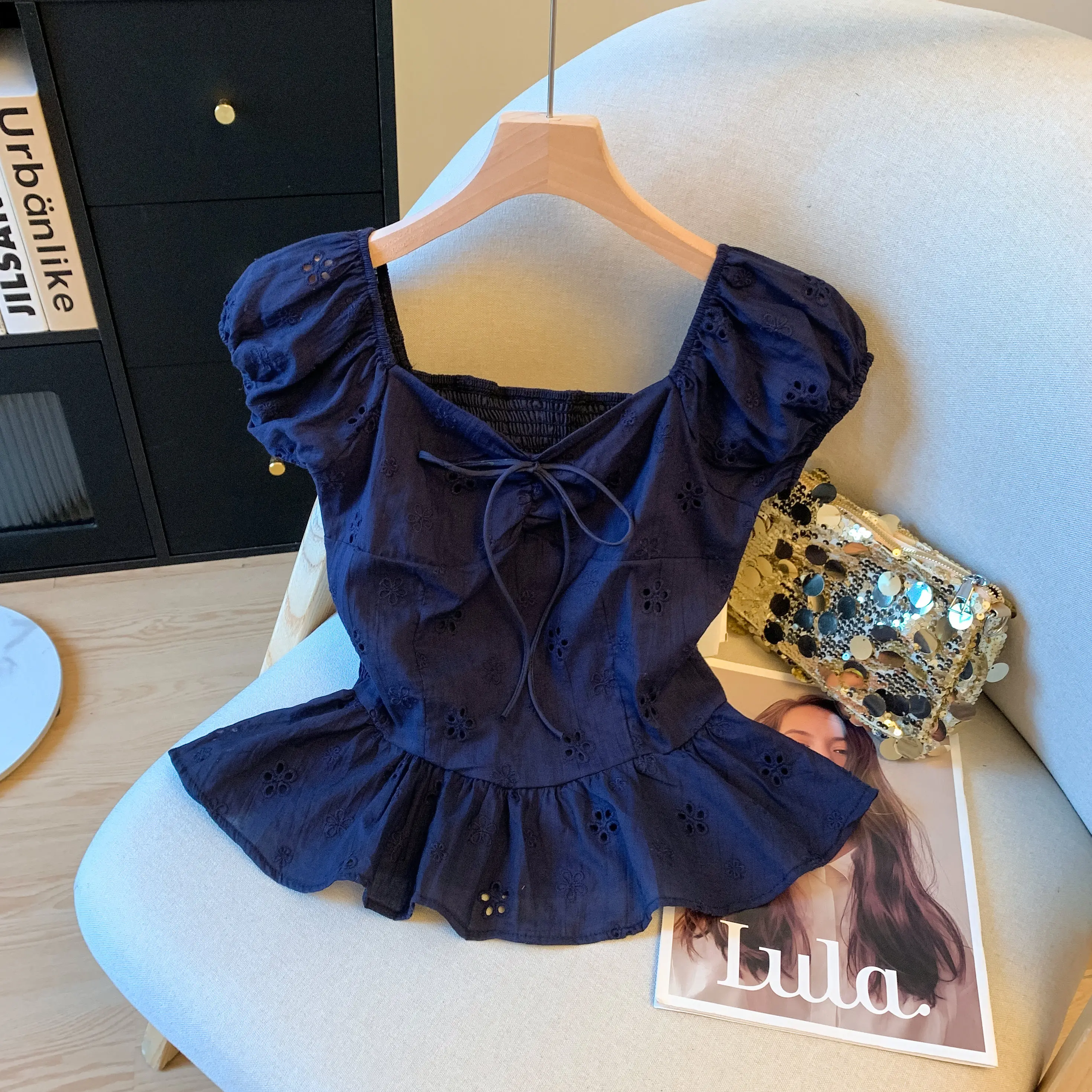 

Emily Clud Recommended One oulder Bubble Sve Embroidered irt Women's Summer Hollow out Exposure Top Silk Material