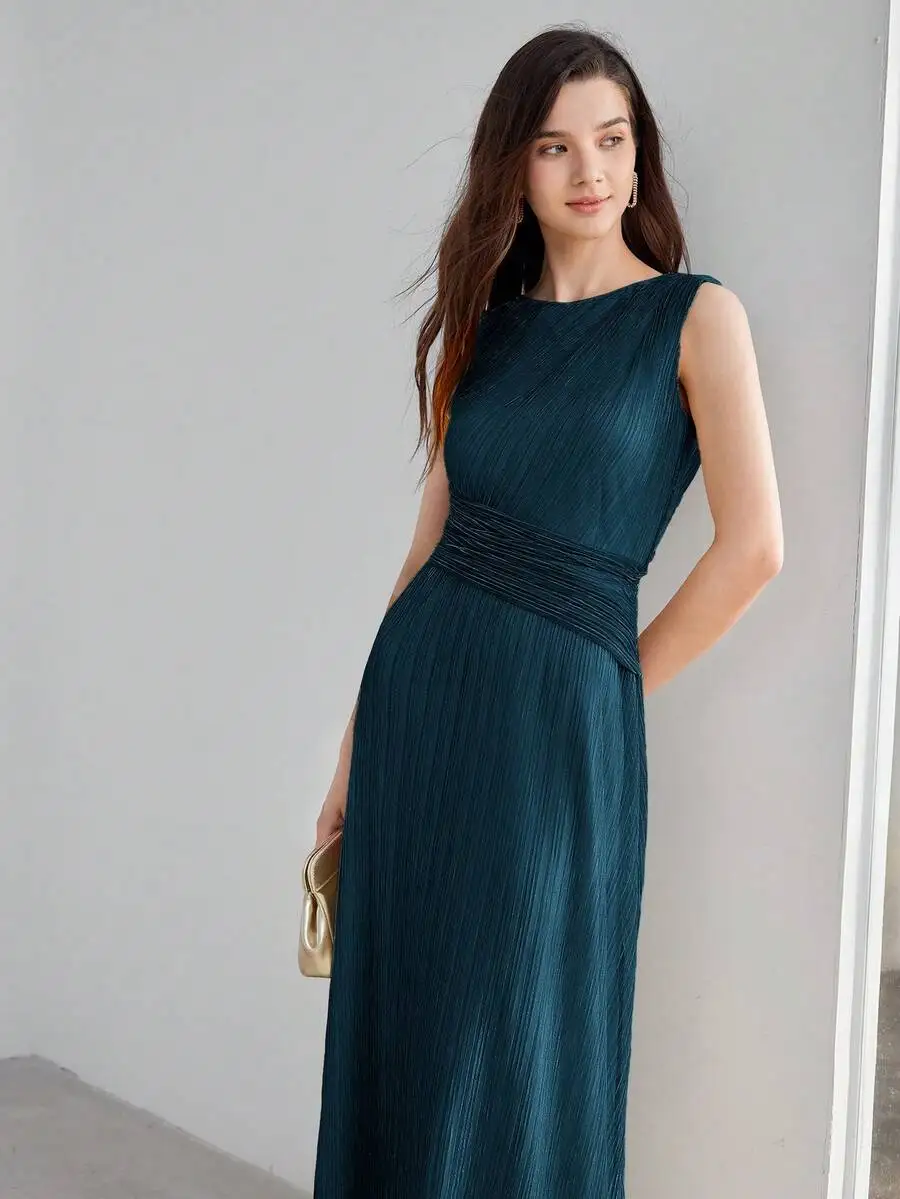 

Deep Teal Sleeveless Maxi Dress With Vertical Pleats, Diagonal Bias Cut And Wrap-Style Waist Detail