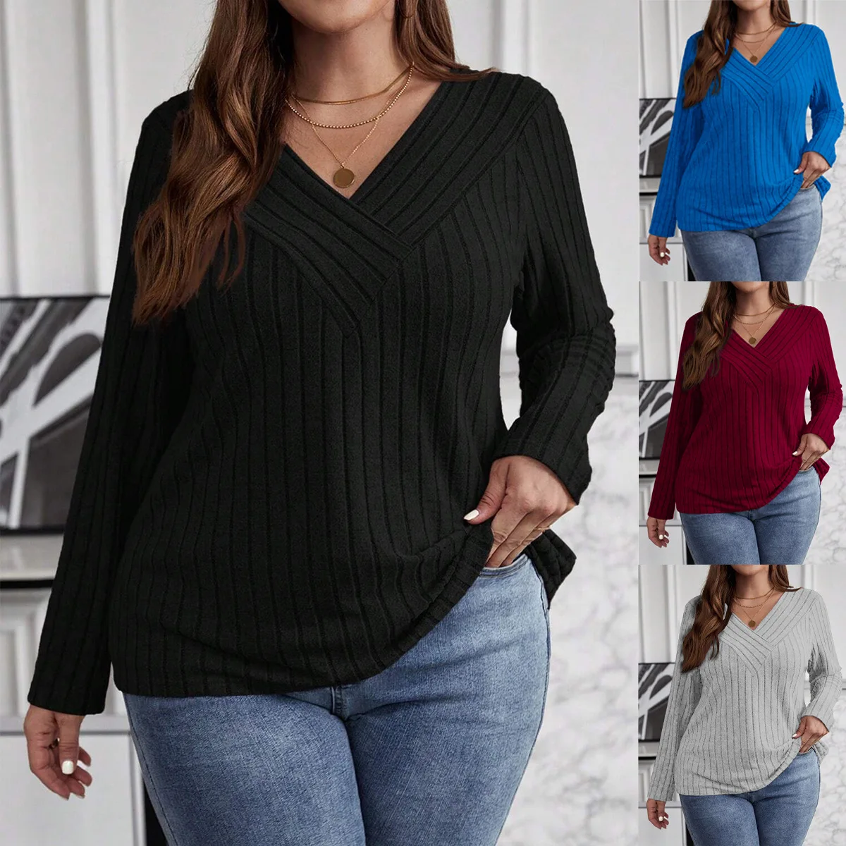

5XL Плюс Размер Элегантная Повседневная Женская Футболка Модные Свободные Рубашки Большого Размера Весенние Женские Однотонные V-образным Вырезом С Длинным Рукавом Черные Серые Топы