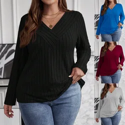 5XL 플러스 사이즈 우아한 캐주얼 여성 티셔츠 패션 느슨한 대형 셔츠 봄 여성 솔리드 v 넥 긴 소매 블랙 그레이상의