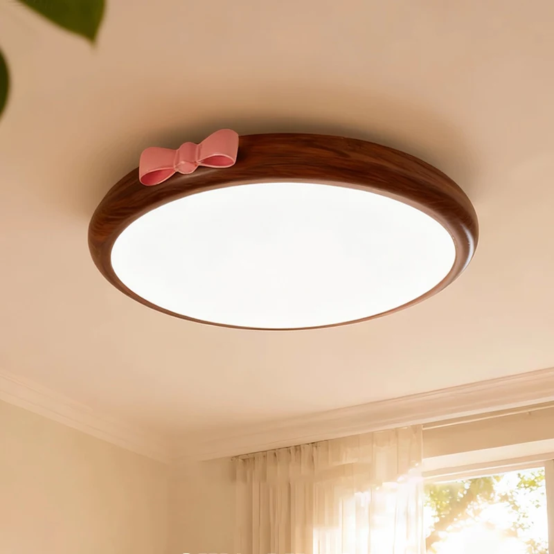 

Bedroom Children's Room Ceiling Lamps Pink Bow Retro Solid Wood Color Round Lamp Modern Baby Room Boy Girl Bedroom Ceiling Light