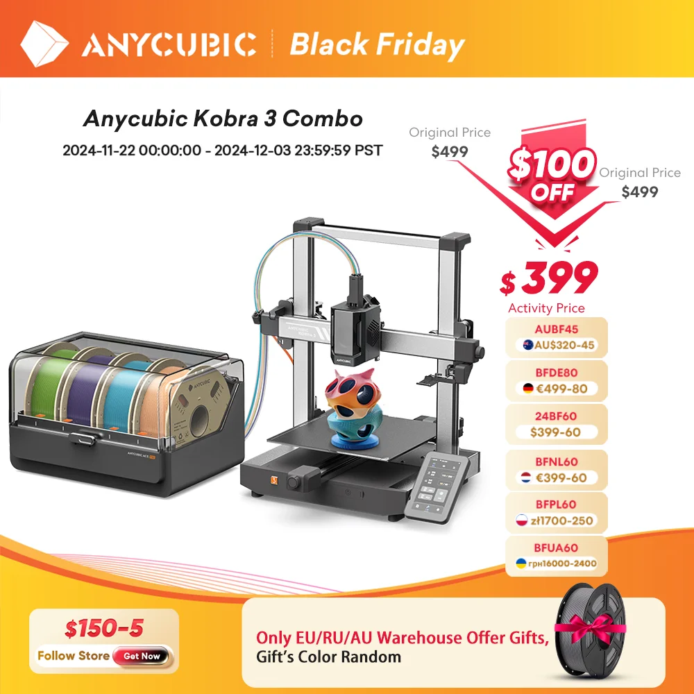 ANYCUBIC Kobra 3 Combo Multi-Color FDM 3D Printer With Max 600mm/s Printing Speed Build Size 250x250x260mm Print in 4 to 8 Color