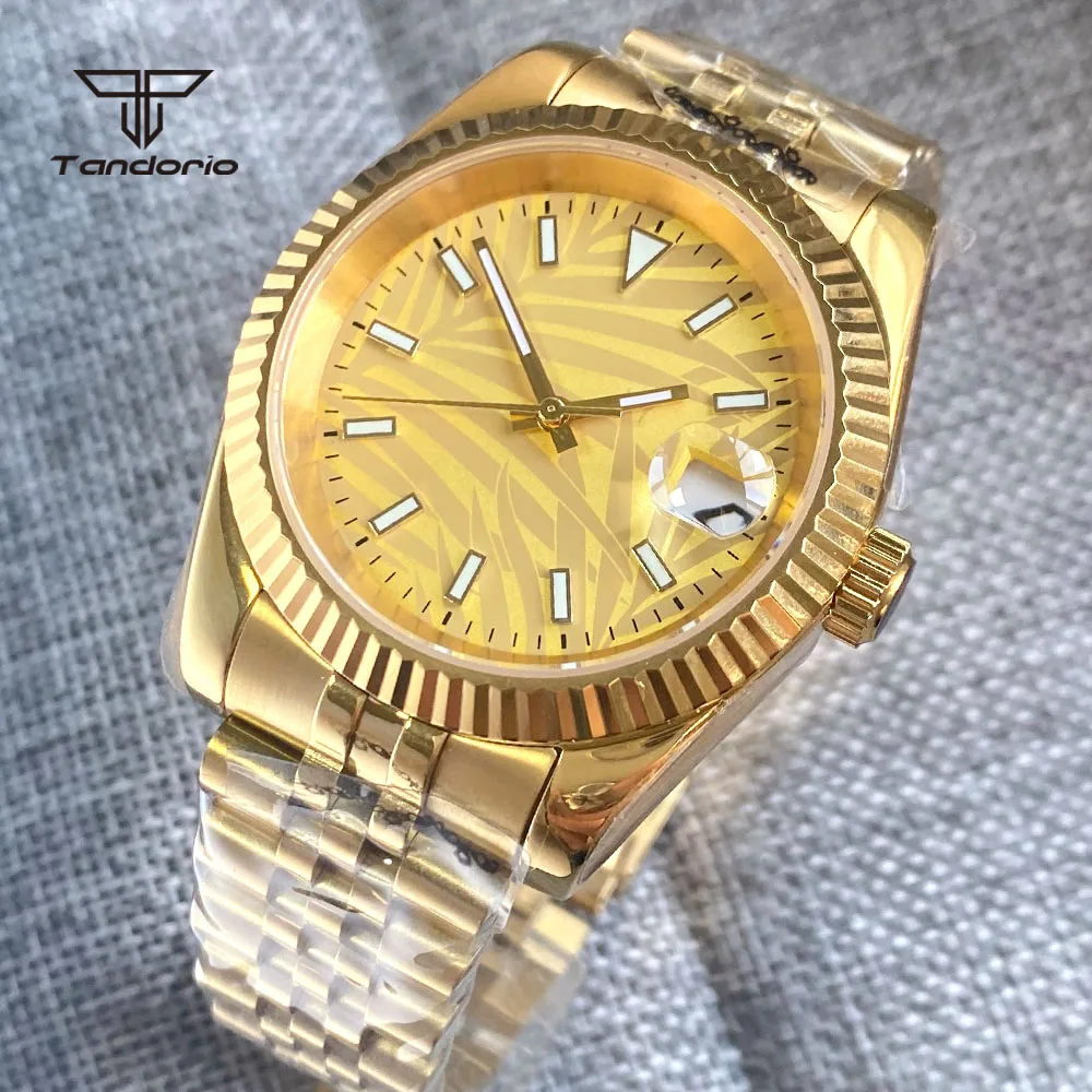 

Luxury Golden Coated 36mm/39mm NH35A Automatic Wristwatch for Men Bracelet Sterile Palm Dial Cyclops Sapphire Glass Screw Crown