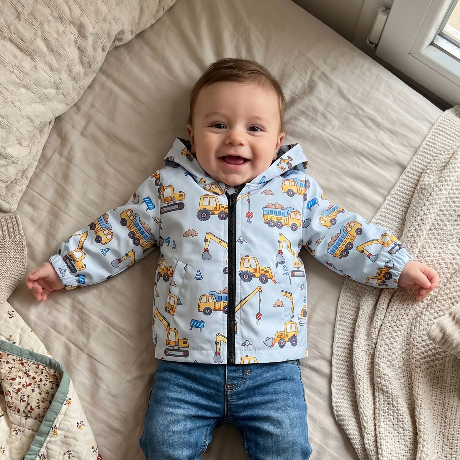 Toddler Boy Fall Hood Jacket Excavator Print Long Sleeve Zip Closure Coat