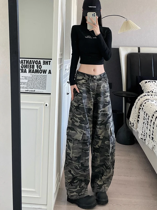 미국 레트로 카모플라주 와이드 레그 진 하이웨이스트 루즈핏 여성용 가을 스트레이트 컷 바지 캐주얼 슬릿 디테일