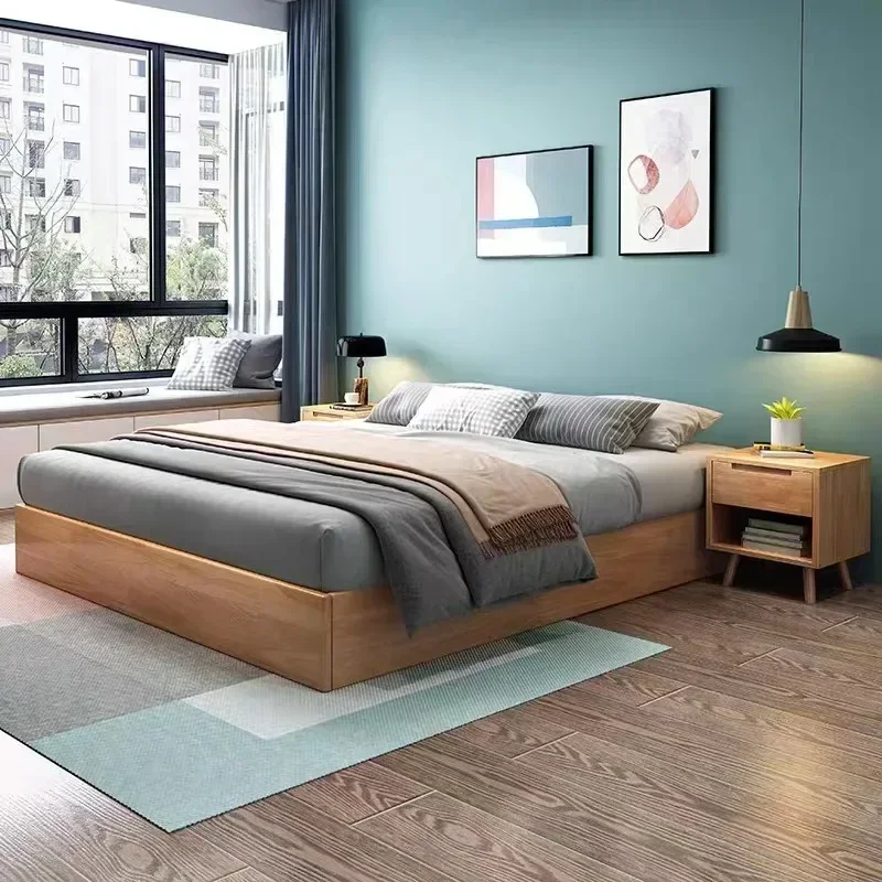 Solid Wood Tatami Bed Modern Minimalist Non-Bedside Trundle Bed 1.8 M Homestay Hotel Double Floor Bed