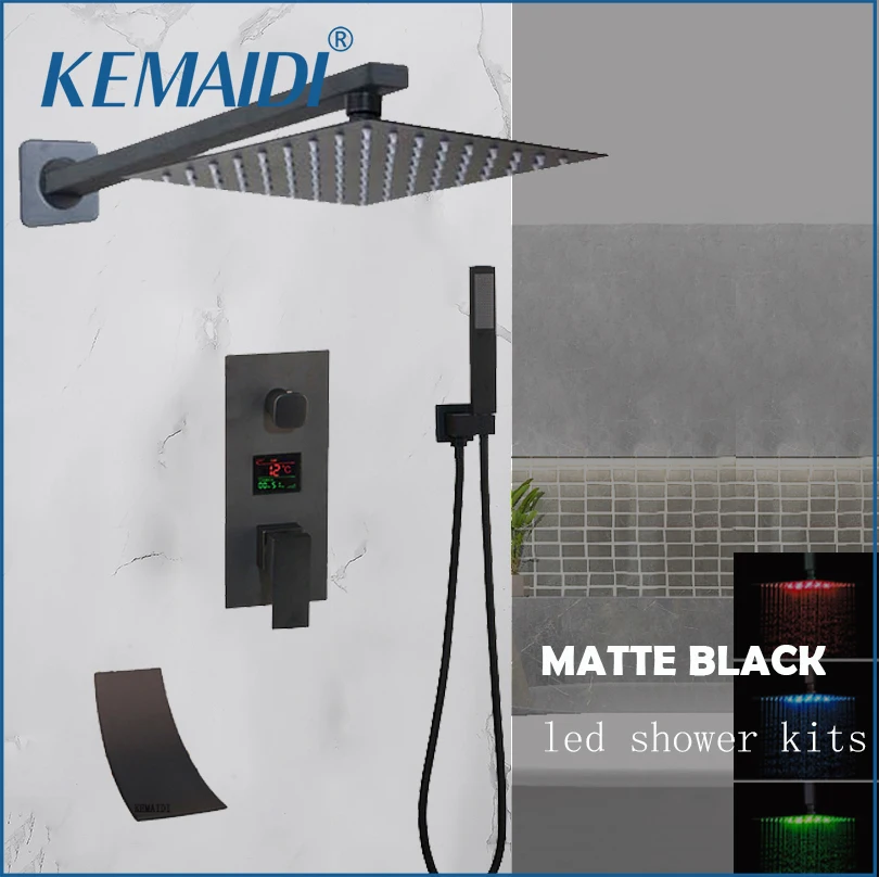 KEMAIDI Shower System Rainfall Shower Faucet Set with LCD Display Mixer 3 Function Shower Set with Waterfall Tub Spout Wall/Ceil