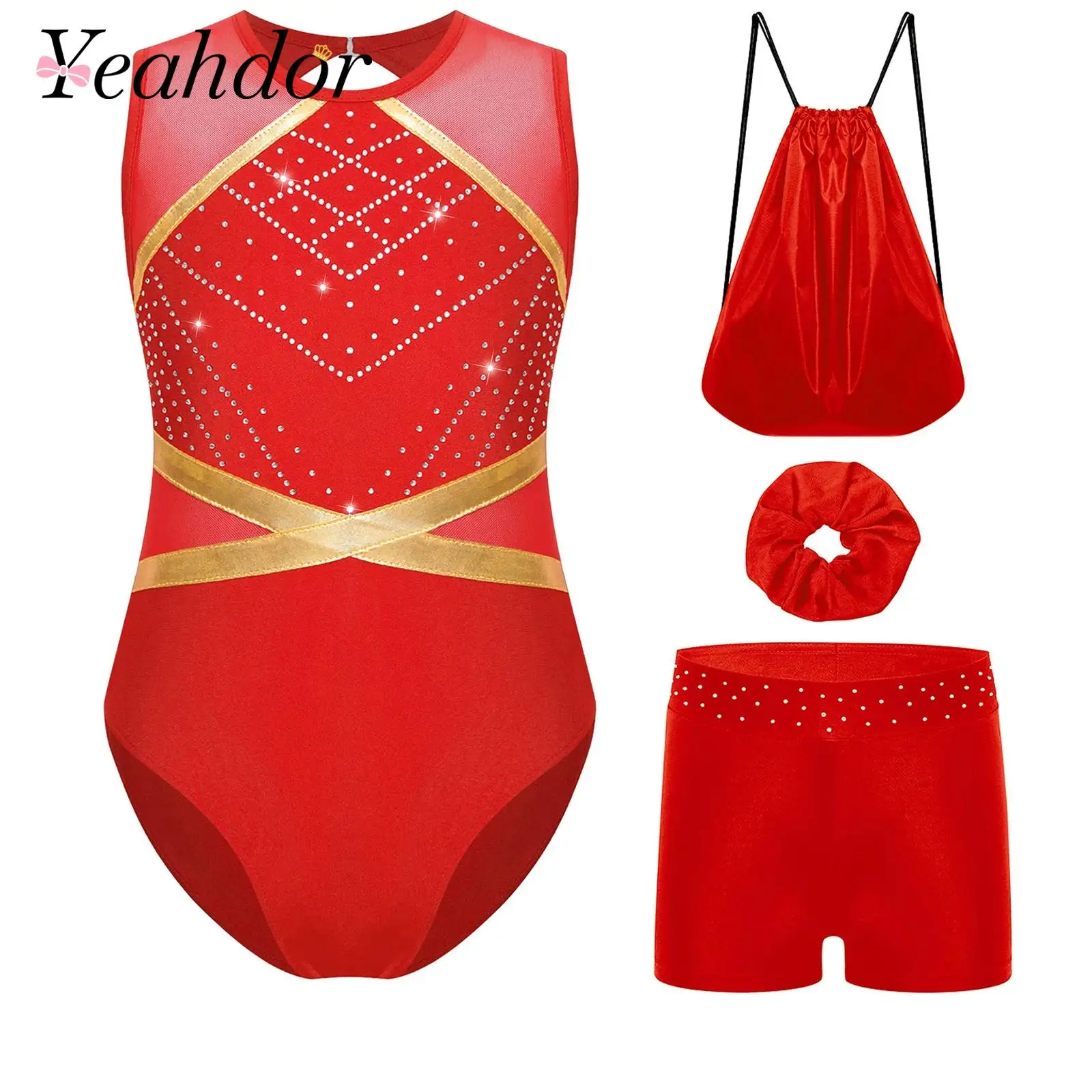 Kids Girls Gymnastics Jumpsuits Figure Skating Dance Outfit Shiny Rhinestone Leotard with Shorts Hairband Drawstring Backpack