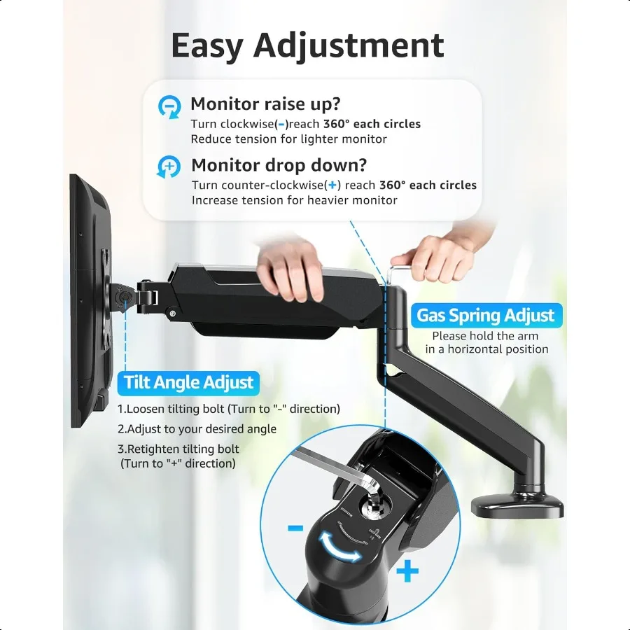 Single Monitor Desk Mount Adjustable Gas Spring Monitor Arm port Max 32 Inch Screen Computer Monitors Stand with Clamp Grommet