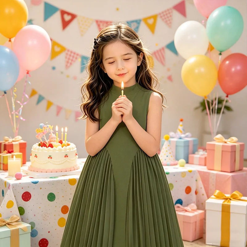 Teens Girls Beige Green Summer A Line Dress Sleeveless & Long Sleeve Gown Clothes Weddings Party Events High Waisted Dresses Kid