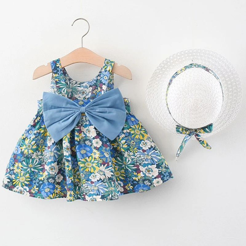 2Piece New In Summer Toddler Girl Clothes Korean Cute Bow Flowers Sleeveless Cotton Princess Dress 12 Month Baby Dresse BC1815