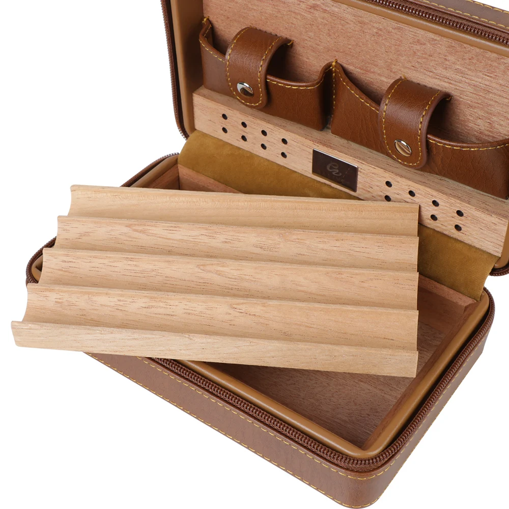 4 Cigars Box Humidor Gift For Boy Friend Father Humidifier Cedar Wood Cigar Humidor Box PU Leather Cigar Case Storage Portable image 6