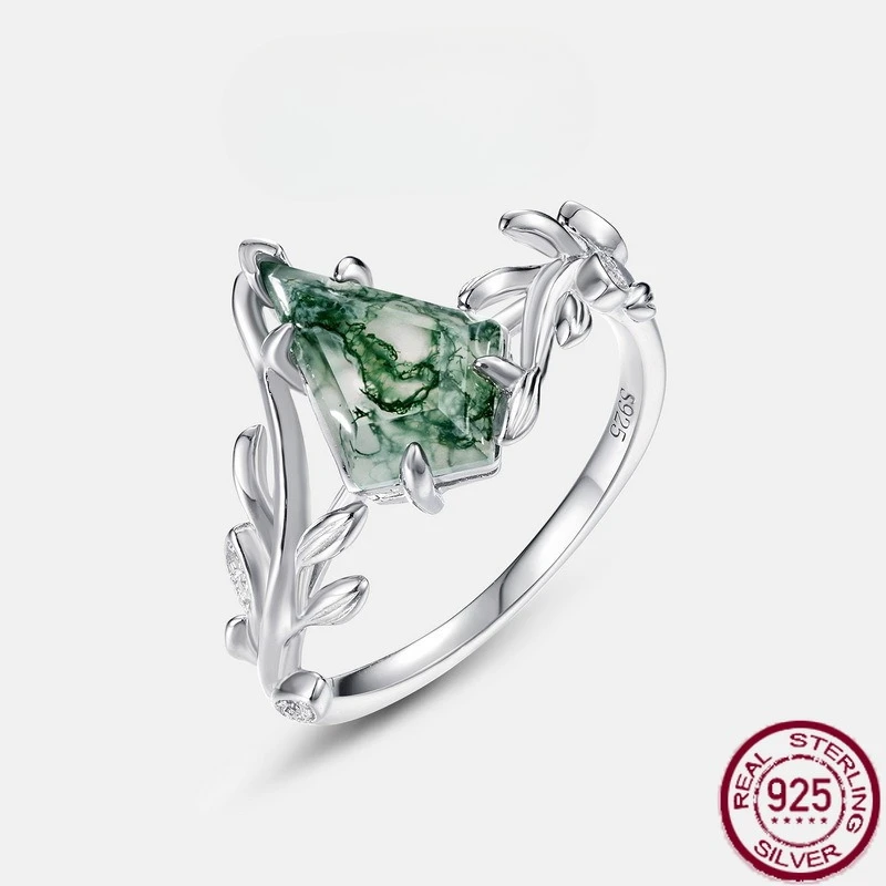 

Новое кольцо из чистого серебра S925, оливковая ветка, натуральный зеленый мох, инкрустированный водной травой, агат, геометрическое кольцо, свадебные украшения