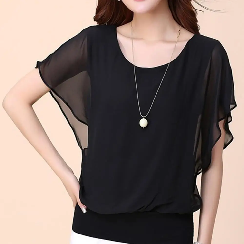 

Women Summer Tops O-Neck Short Sleeve Chiffon Tops Loose Fit Tees Solid Color Thin Pullover Tops Casual Office Work Blouse 블라우스