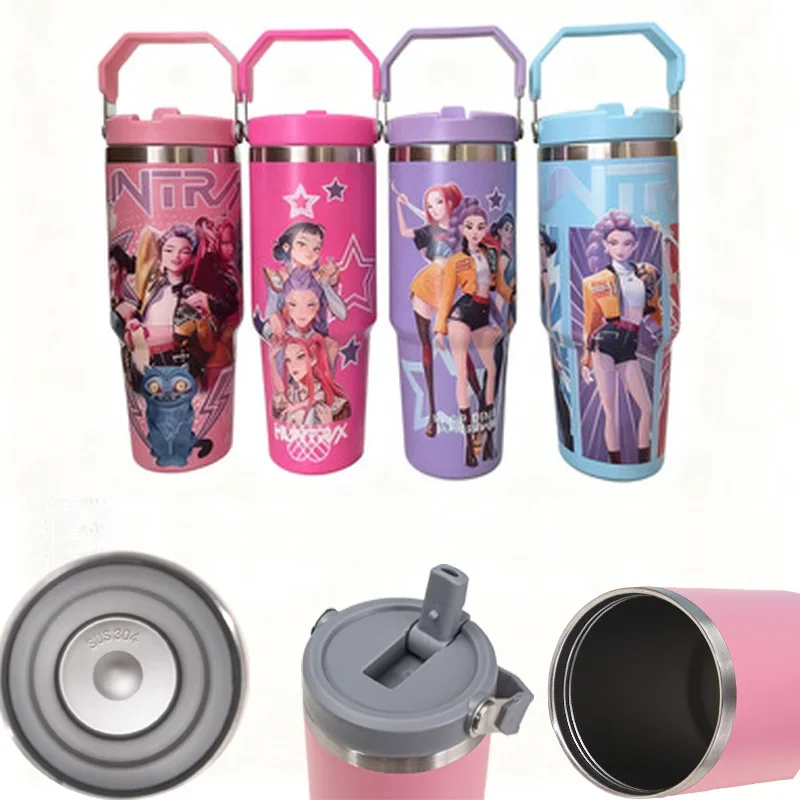 

IN stock 900ml K-Pop Demon Hunters Large Capacity Insulated Cup 304 Stainless Steel Office Straw Coffee Cup Outdoor Water Cup