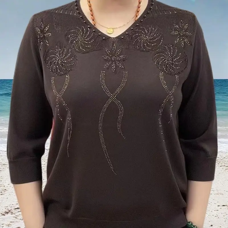 

Модная вязаная футболка из ледяного шелка с вырезами, рукавом 3/4, в стиле Mom, повседневная, свободного кроя, женская, весна-лето, новинка