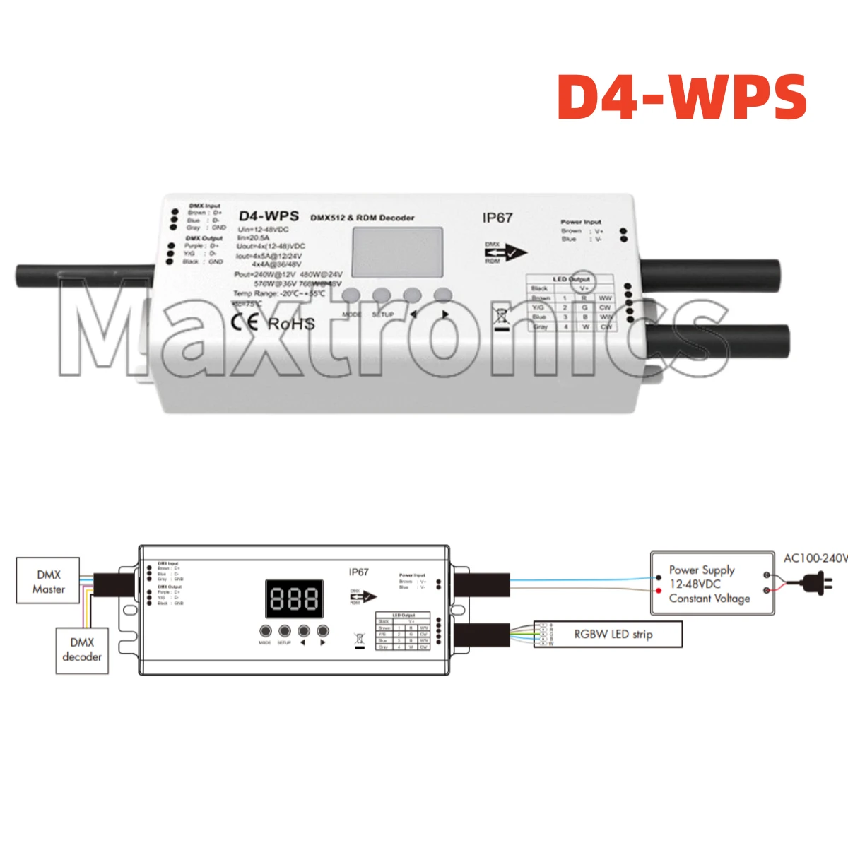 D5-WPS 5CH*4A / D4-WPS 4CH*5A IP67 Waterproof Constant Voltage DMX512 & RDM Decoder for RGB/RGBW Dimmer Led Strip Light/Modules
