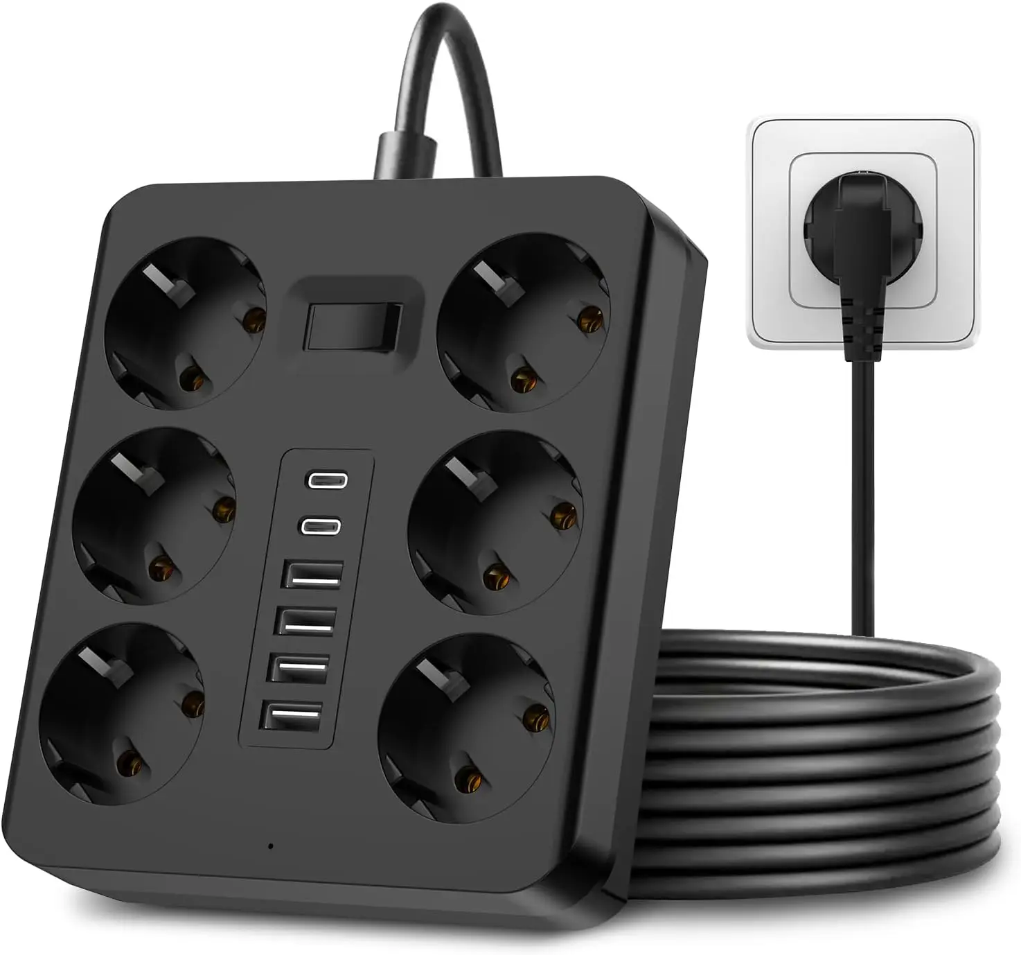 1 Black Power Strip and Surge Protector, 4 AC Outlets, 3 USB Ports and 1 Type C Port, 5FT Extension Cord, Maximize Outlet Spa