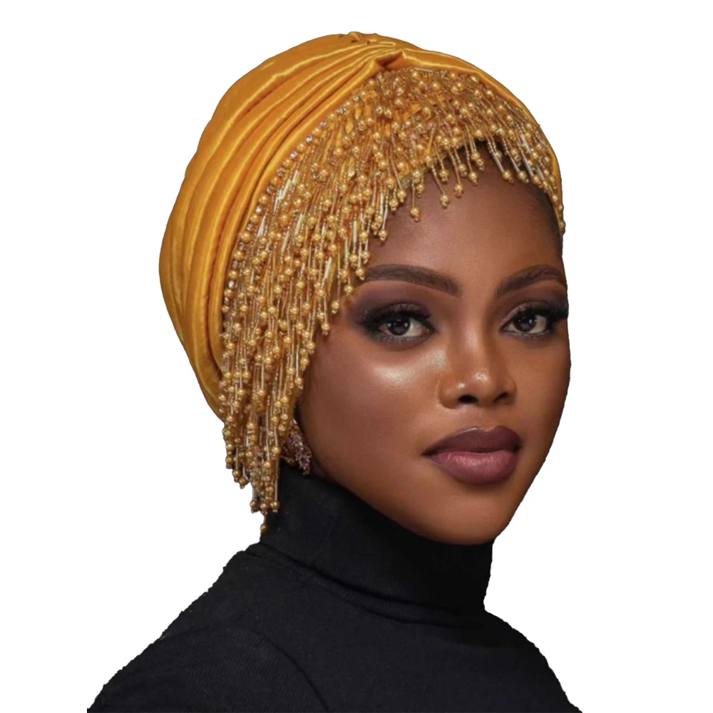 African Female Head Wraps Bonnet Nigeria Party Headgear Bead Tassel Ruffled Pleated Turban Caps for Women Ready to Wear Headtie