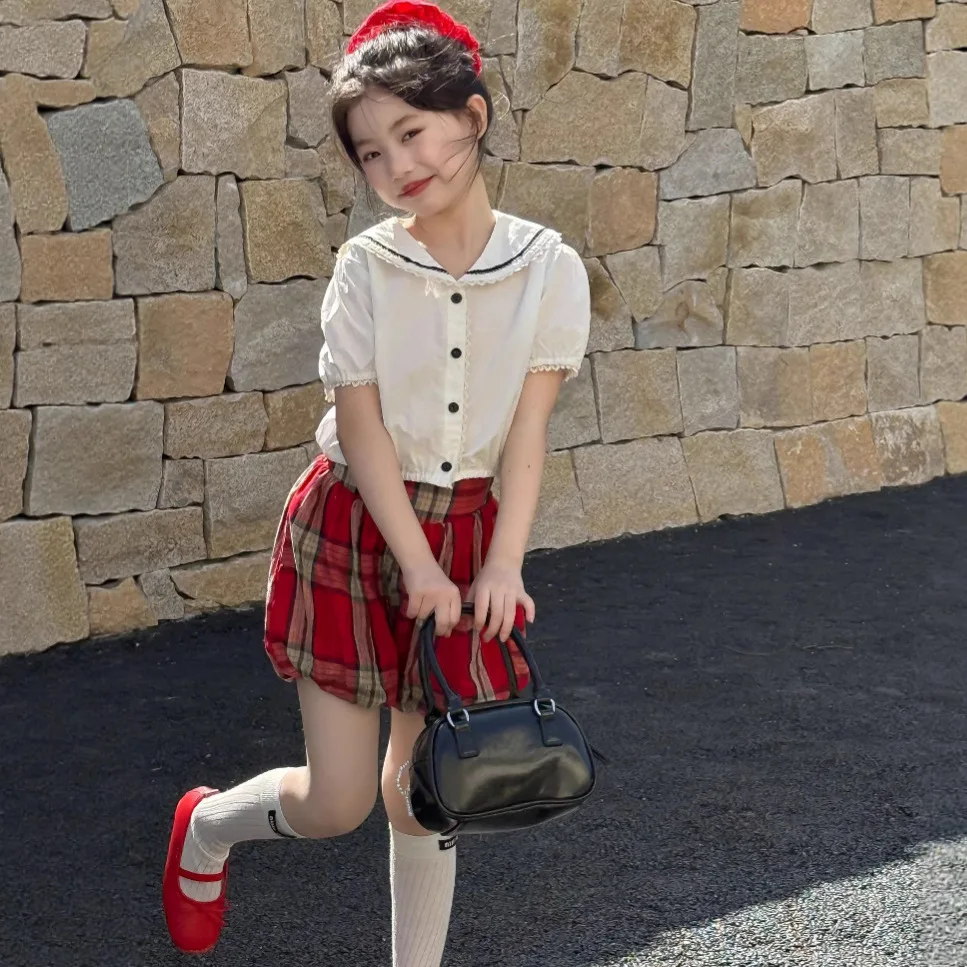 

Navy Collar Short Shirt Fashion 2025 Summer New Sweet Navy Collar Casual Versatile Solid Color Shirt