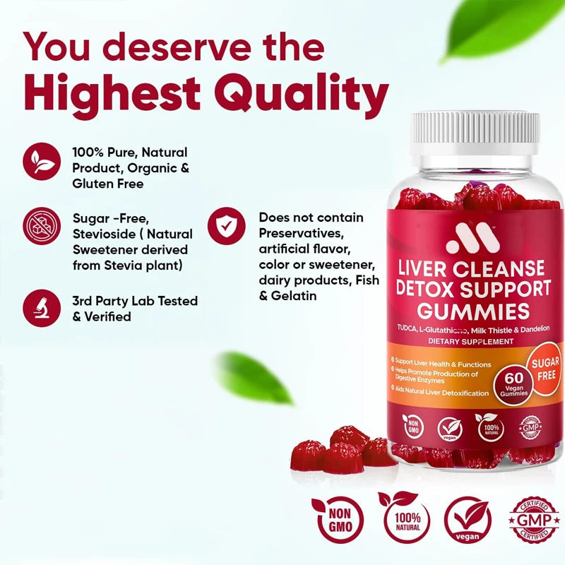 Clear liver, detoxify and repair fatty liver with 60 gummies, glutathione, silymarin, milk thistle, and choline