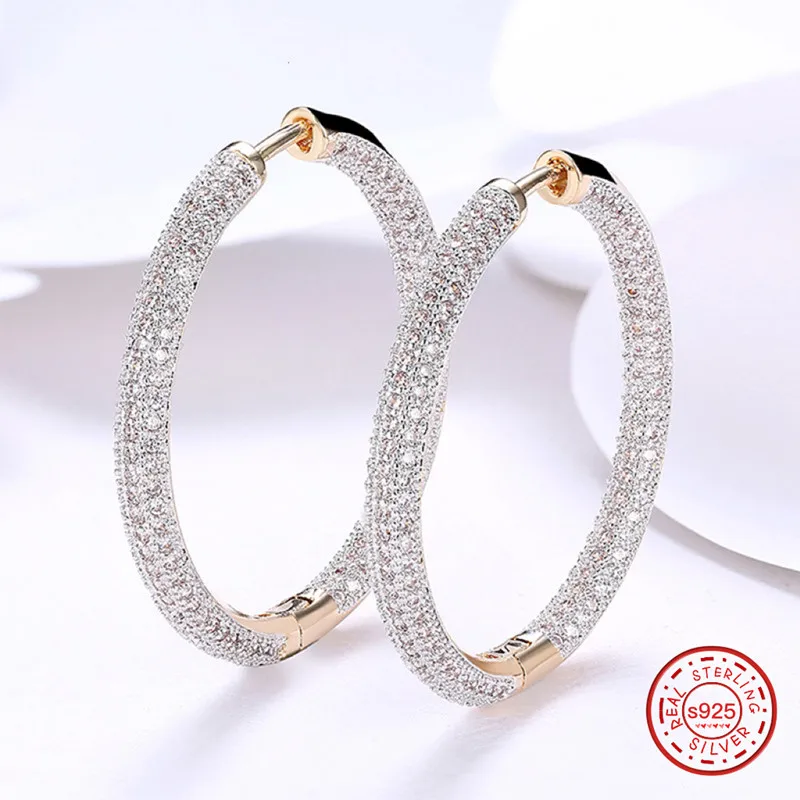 

925 Silver 34mm 18K Gold Circle Hoop Earrings For Women Fashion Wedding Jewelry