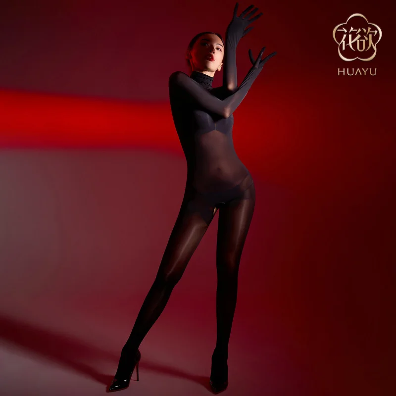 Pończochy Ultra-Thin5DHigh Collar Shiny Seamless Jumpsuit Hollow Sexy Large Slip Back Open Crotch Transparent Silky Full-Length