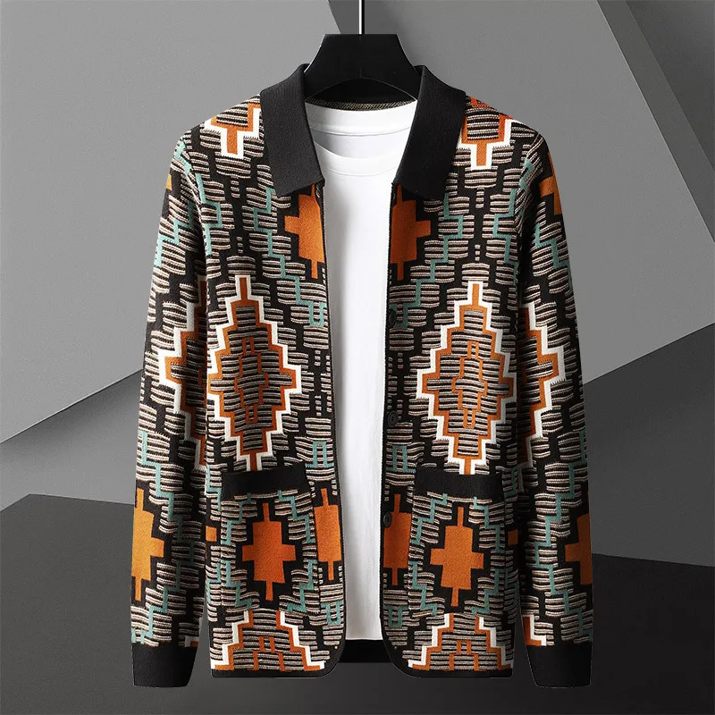 

Garment Coat Noel Kazak Heren Sweater Geometric Lines Contrast Color Knitting Cardigan Man Long Sleeve Slim Sweater Cardigan Man