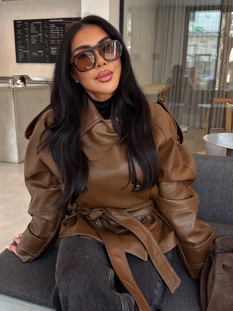 

Женская весенняя модная укороченная ветровка из искусственной кожи с отложным воротником, двубортная, с поясом, с длинными рукавами, в уличном стиле