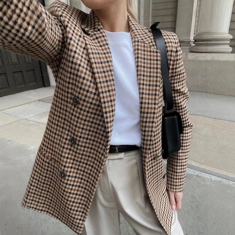 

UNIKTEE женский клетчатый пиджак, осенний шикарный приличный двубортный пиджак с шалевым воротником и длинными рукавами, офисный женский стиль