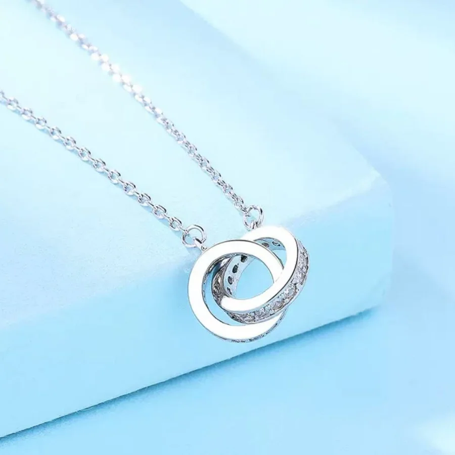 

New S925 Sterling Silver Diamond-Studded Interlocking Chain Necklace Circular Minimalist Niche European & American Accessories