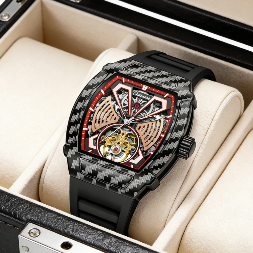 

Модные мужские автоматические механические часы с полым дизайном, высококачественные часы с турбийоном, мужские силиконовые водонепроницаемые часы Tonneau Clcok для мужчин