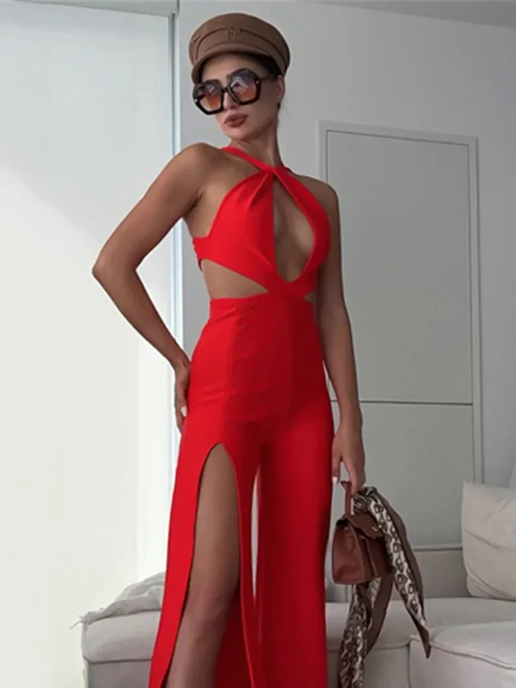 Europäische neue offene Party Overalls Frauen rot sexy sinnliche Halfter aus geschnitten offenes Bein langen Urlaub ausgehen Club Stram pler Darings