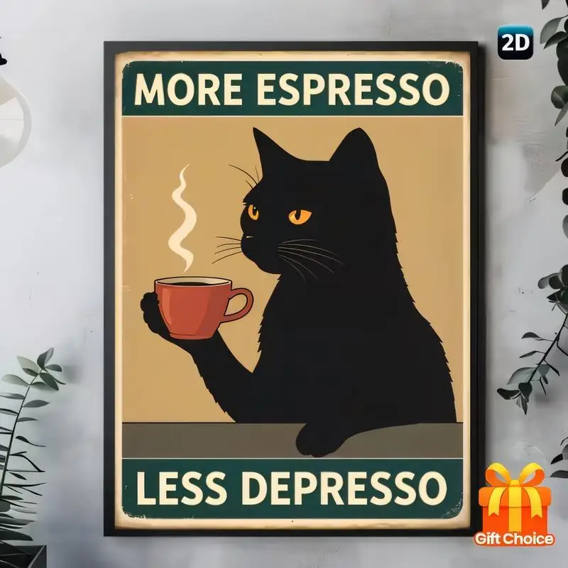 Vintage Metal Wall Art - Black Cat Coffee More Espresso Less Depresso Retro Sign, 2D Iron Decor for Cafes/Home, Cat/Coffee Lover