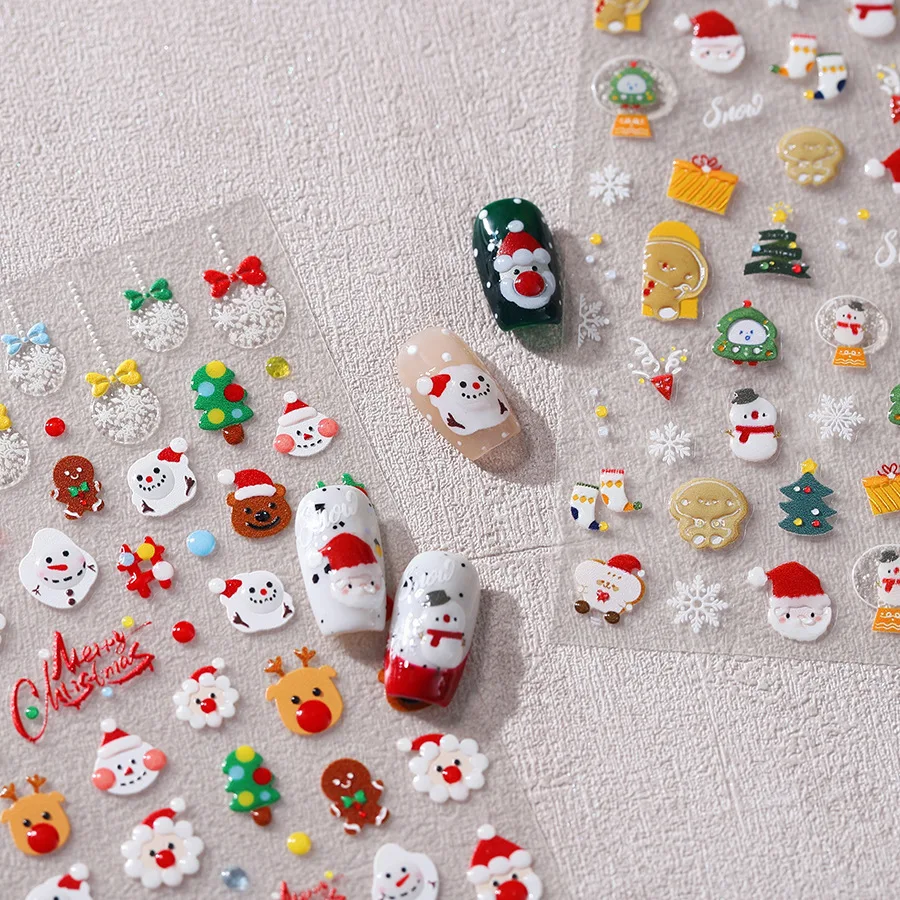 Cute Christmas Nail Stickers Deer Snowman Gift Box Snowflake Sock Nails Art Accessories Self-Adhesive Nail Decoration Decals DIY